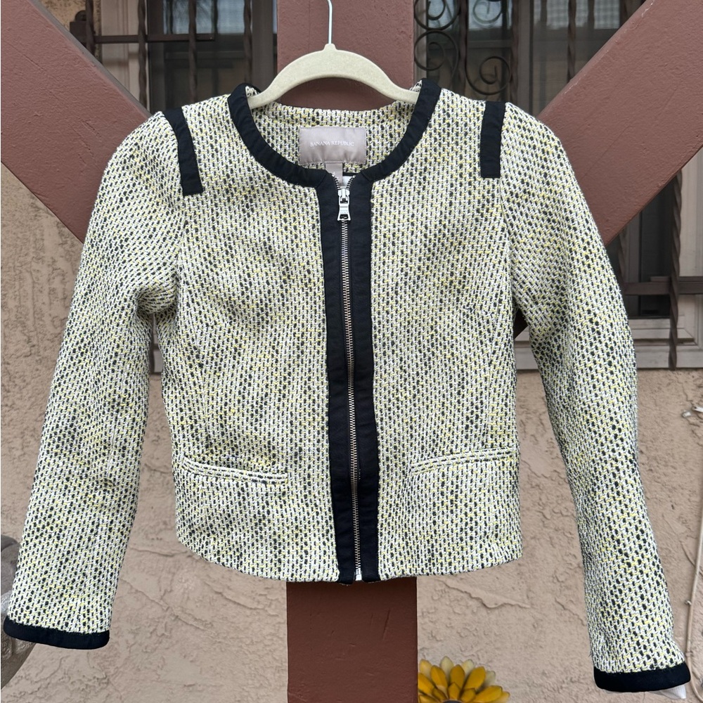 Banana Republic Yellow Ivory Black Tweed Collarless Zip Front Blazer Jacket Sz 4